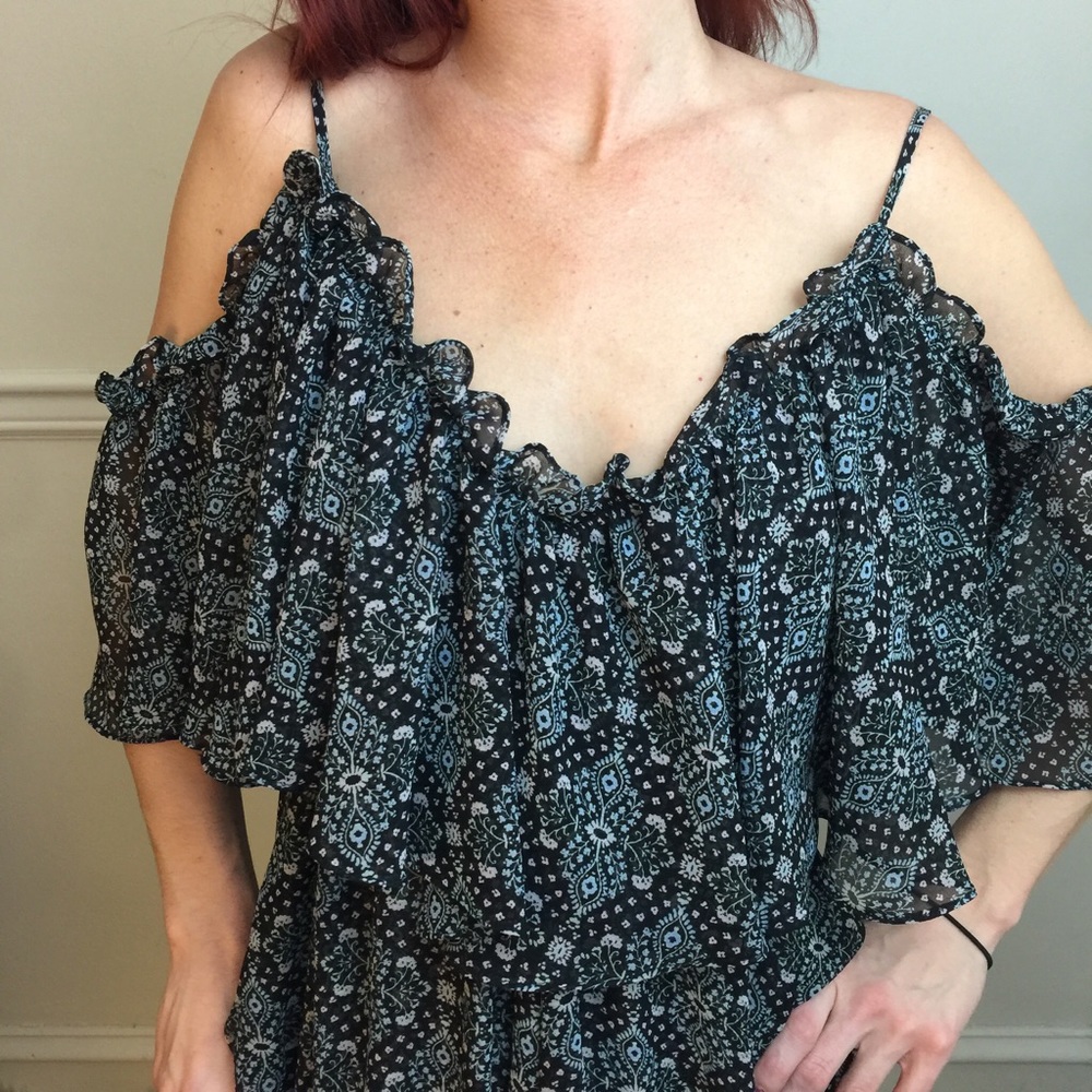 MISA Black Floral Cold Shoulder Ruffle Mini Dress - Picture 8 of 8